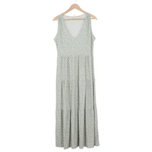 See You Monday Sage Green Floral Ribbed V-Neck Tiered Maxi Dress Womens Large thumbnail 2