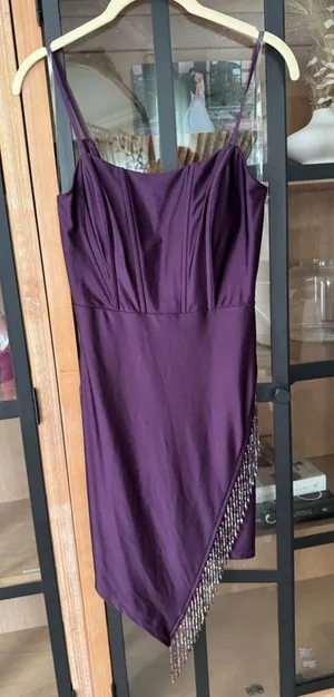NWT Speechless beaded fringe corset mini dress asymmetrical cocktail plum satin thumbnail 1