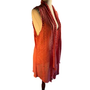 Coral Lace Crochet Long Vest Open Front Draped boho sleeveless thumbnail 5