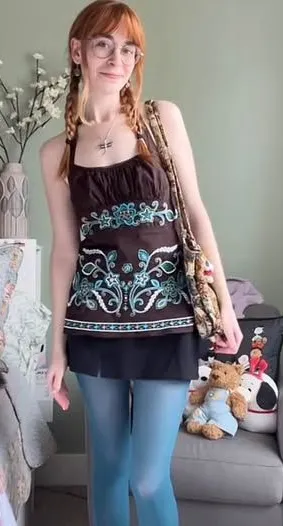 Heart soul Y2K Halter Top Tank Top Brown Blue Embroidered Size XL thumbnail 1