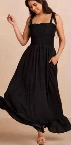 SUMMERSALT NWT The Sliky‎ Luxe Smocked Maxi Dress Black Tie Strap Medium thumbnail 1