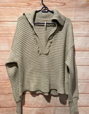 Free People Olive Ribbed V-Neck Foldover Collar Sweater XS fits sm Md thumbnail 1