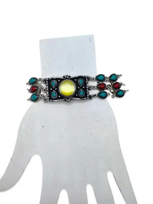 Boho Southwestern Multi-Stone Statement Bracelet Yellow Cabochon Silver Tone thumbnail 3