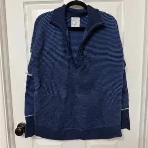 AERIE offline blue ribbed 1/4 zip pullover sweater‎ white sleeve stripes medium thumbnail 2