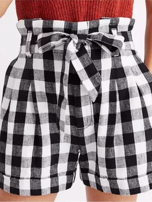 Madewell Black & White Check Linen Blend Paperbag Belted Shorts Size 4 thumbnail 1