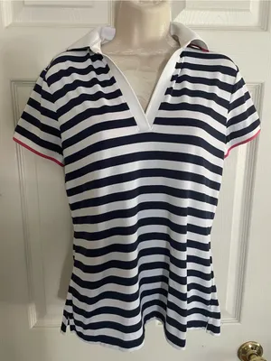 Ralph Lauren Navy & White Striped Polo-Style Shirt with Pink Trim thumbnail 1