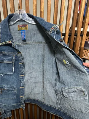 Blue Asphalt Vintage Denim Jacket Large Embroidered Flower Plaid Trim Y2K Cut thumbnail 8