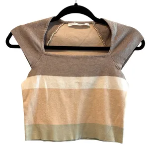 Altar'd‎ State Knit Crop Top Tan Striped Square Neck Cap Sleeve Womens Medium thumbnail 1