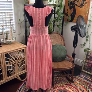 Free People Chambray Butterflies Washed Red Striped Button Back Boho Midi Dress thumbnail 2