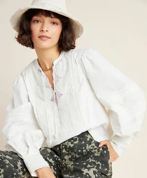 Anthropologie Delilah White Lace Embroidered Puff Sleeve Peasant Blouse Top US 0 thumbnail 1