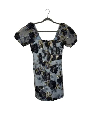 💙 Lulus Blue Floral Metallic Jacquard Puff Sleeve Mini‎ Dress XL 💙 thumbnail 2
