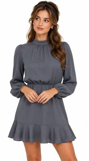 Vici Mini Dress Gray Ruffle Tie Back Textured Ballon Sleeve Coquette Size M thumbnail 1