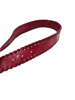 Red Floral Embossed Leather Belt Whipstitch Edges Silver Buckle Wide thumbnail 5