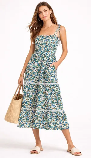 Lost + Wander Floral Smocked Midi Dress XS/S Estimated Boho Cottagecore thumbnail 1