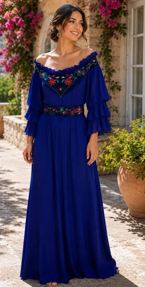 Orizon Fashion galabiya dress Off-Shoulder Royal Blue Embroidered Maxi Dress thumbnail 1