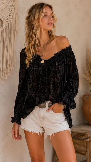 Free People Black Floral Velvet Burnout Off Shoulder Blouse Womens S Boho Witchy thumbnail 1