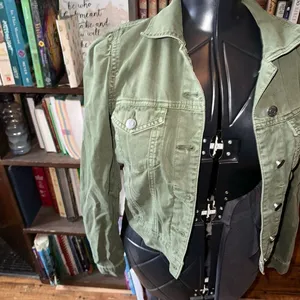 Gap denim army green classic XS distressed denim jacket thumbnail 2