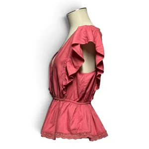 Abercrombie & Fitch Lace Trim V-Neck Flutter Sleeve Blouse Top Dusty Pink Large thumbnail 3