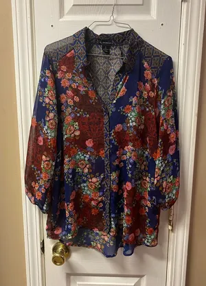 new directions Navy Floral Mixed-Print Button Front Blouse thumbnail 1