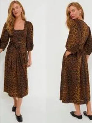 Tuckernuck Leopard Graciela Dress Womens 6 Brown NWT Square Neck Puff Sleeve thumbnail 2