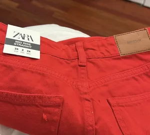 Zara Red Mid Rise Straight Denim Jeans thumbnail 10
