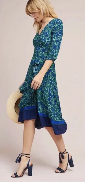 Maeve Anthropologie Green Blue Floral Wrap Midi Dress Size 00P thumbnail 1