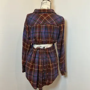 Free People Plaid Mini Dress Blue Orange Back Cutout Tie XS thumbnail 3