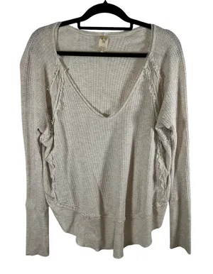 We The Free‎ People Oatmeal Beige Thermal V-Neck Waffle Knit Top Womens Medium thumbnail 1