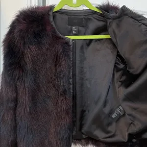 H&M Faux Fur Burgundy + Navy Toned Faux Leather Trim Coat thumbnail 11