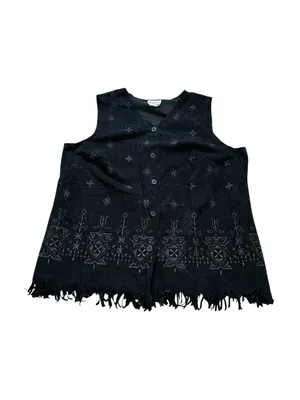 Vintage Black Faux Suede Vest Fringe Hem Embroidered Boho Western Festival thumbnail 7