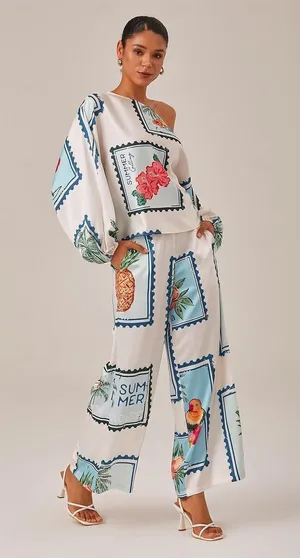 Ador‎ Seamless Tropical Stamp Print Wide Leg Elastic Waist Trousers Large NWT thumbnail 1