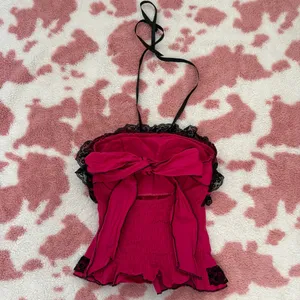 Strapless Hot Pink & Black Lace Ruffled Bustier Top — Padded Wireless Corset Camisole with Front Lace-Up (S) thumbnail 3