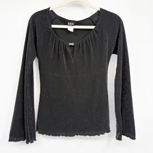 IRE Womens Black‎ Y2K Witchy Shimmer Bell Sleeve Whimsigoth Keyhole Top Size M thumbnail 1