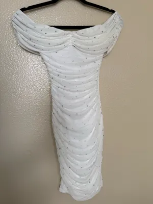 Windsor White Rhinestone Ruched Off Shoulder Bodycon Midi Dress XS NWT Holiday thumbnail 3