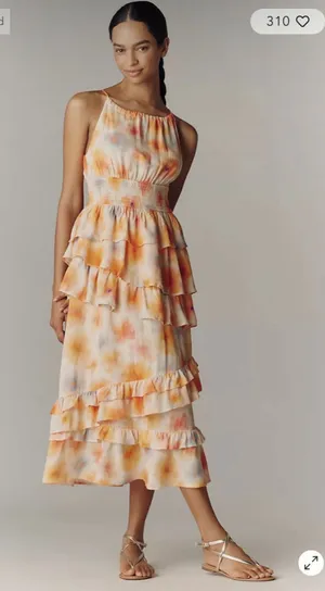 Anthropologie Midi Dress Orange Yellow Floral Tiered Ruffle thumbnail 1