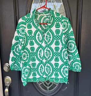 Sunday Up Green White Floral Embroidered Ruffle Neck Blouse Pearl Button Medium thumbnail 1