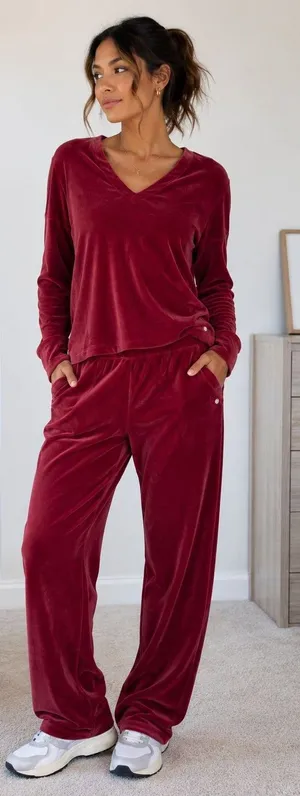 Tommy Bahama Women's Red Velour V-Neck Sweatshirt & Casual Pants Set Size Medium thumbnail 1