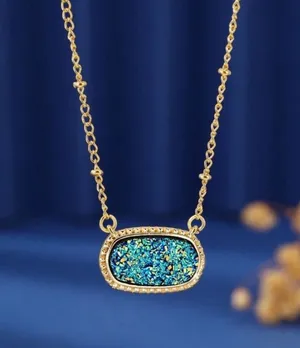 Green Sparkle Oval Pendant Necklace Gold thumbnail 1