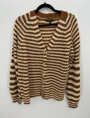 FORE Striped Chunky Knit‎ Cardigan Womens L Brown Cream Grandpa Cozy thumbnail 1