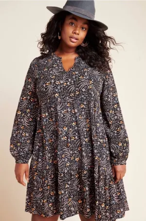 Maeve Anthropologie Amber Tiered Tunic Dress Black Floral Size XL Long Sleeve thumbnail 1
