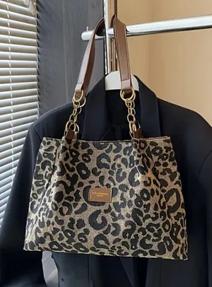Leopard Print Tote Bag with Brown Accents thumbnail 1