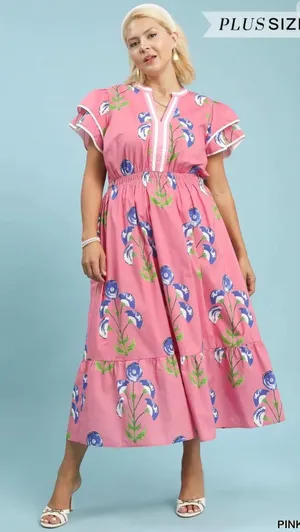 New! Umgee Plus Size Cotton Pink Floral Midi Dress Size 1X thumbnail 1