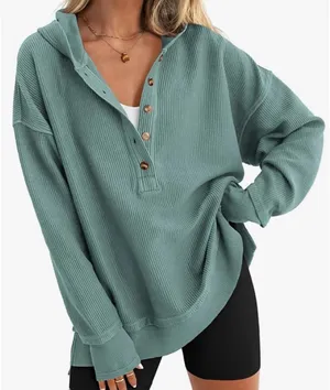 Amazon Womens Oversized Long Sleeve Hoodie Button Down V Neck Sweatshirt thumbnail 1