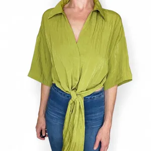 NWT H&M Lime Green Cropped Front Tie Retro Blouse thumbnail 7