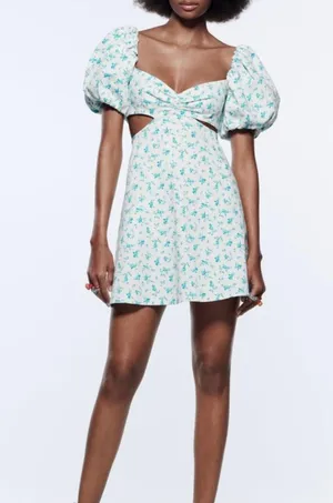 Dress Mini Cutout Floral Print Blue & White XS thumbnail 1