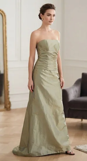 VTG AMSALE Gold Strapless Satin Gown Ruched Bodice Formal Evening Dress Sz 8 Y2K thumbnail 1