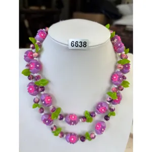 1960's style lucite Purple & Pink Floral Beaded Necklace With Green Leaf Accent thumbnail 3
