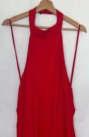 Anthropologie Solid Fringe Halter Maxi Dress Red Size 12 thumbnail 4