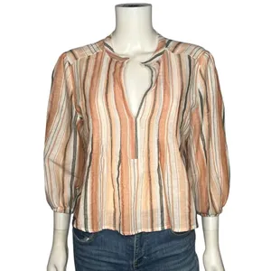 Anthropologie Bishop + Young Coastal Boho Striped Cotton Blouse Orange Cream M thumbnail 2