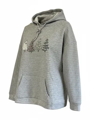 Women's XL Grey Quilted Waffle Christmas Tree Hoodie Holiday Pullover Sweatshirt thumbnail 1